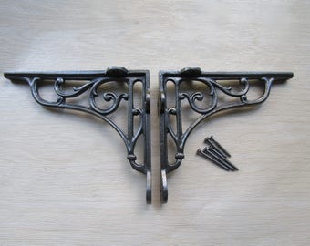 PAIR of Rustic iron shelf brackets Scaffold antique vintage style VICTORIAN SCROLL 5" old vintage retro  shelving brackets Iron finish