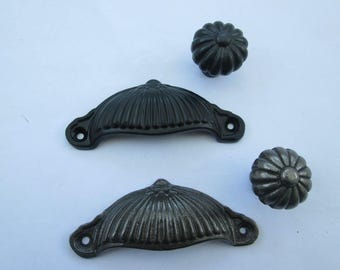 Rustikaler, geriffelter Muschelgriff aus Gusseisen, Vintage-Schrankgriff, Schubladengriff, Antik-Eisen, Schwarz, Antik