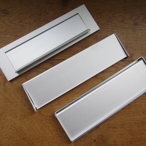 Retro letter plate contemporary SATIN ALUMINIUM Metal door letter plate letter box postal plate cover/inner flap tidy/gravity/face fix