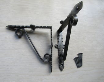 PAIR of Rustic iron shelf brackets Scaffold antique vintage 5" SCROLL EDGE  old retro shelving brackets Iron finish