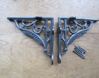 PAIR of Rustic iron shelf brackets Scaffold antique vintage 5" SINGER CORP old retro shelving brackets Iron finish