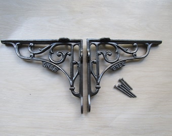 PAIR of Rustic iron shelf brackets Scaffold antique vintage GNER 6" Great Northern Eastern Railway old retro shelving brackets Iron finish