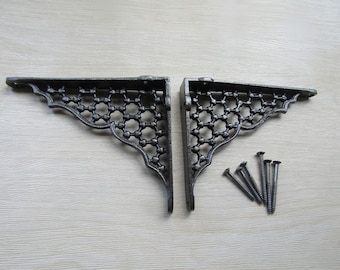 PAIR of Rustic iron shelf brackets Scaffold antique vintage 6" LATTICE old retro shelving brackets Iron finish