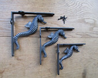 Pair of SEAHORSE NAUTICAL cast iron rustic decorative ornate vintage scaffold Shelf Brackets shelving Bracket ANTIQUE iron