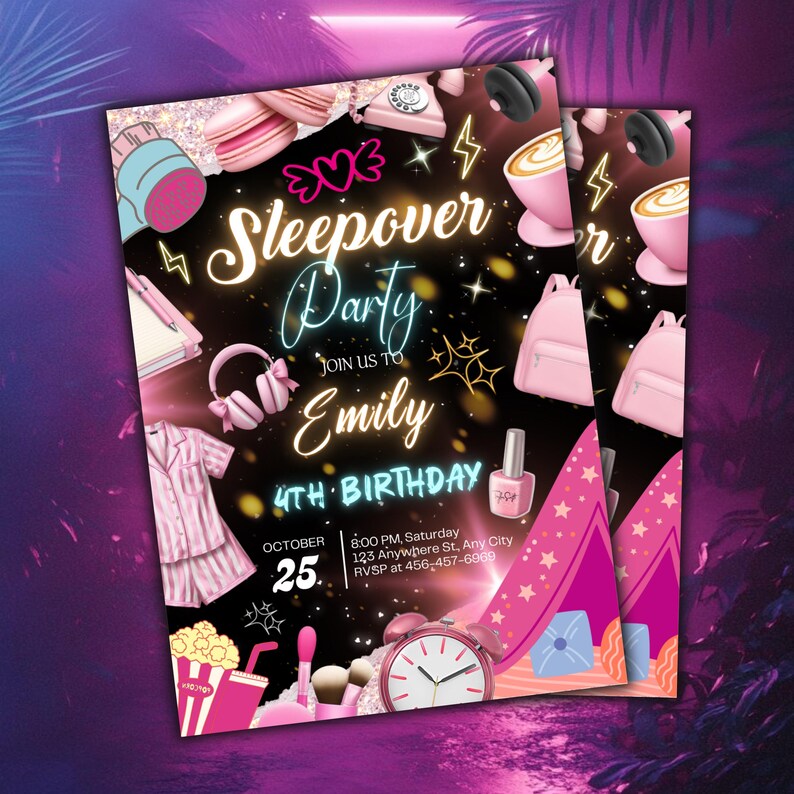 Sleepover Birthday Invitation, Neon Sleepover Invitation, Slumber Party, Canva Editable