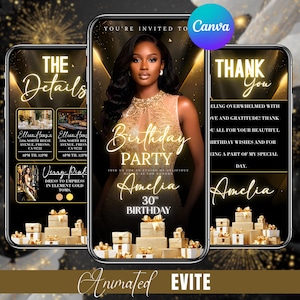 May include: An animated birthday party invitation on a smartphone screen. The design features a woman in a gold dress, with text that reads "Birthday Party Amelia 30th Birthday". The invitation includes details and a thank you message.