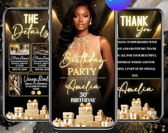 Luxury Black and Gold Birthday Party Invitation, Birthday Template Evite, Women’s Birthday Party Dinner Digital Evite, Canva Editable