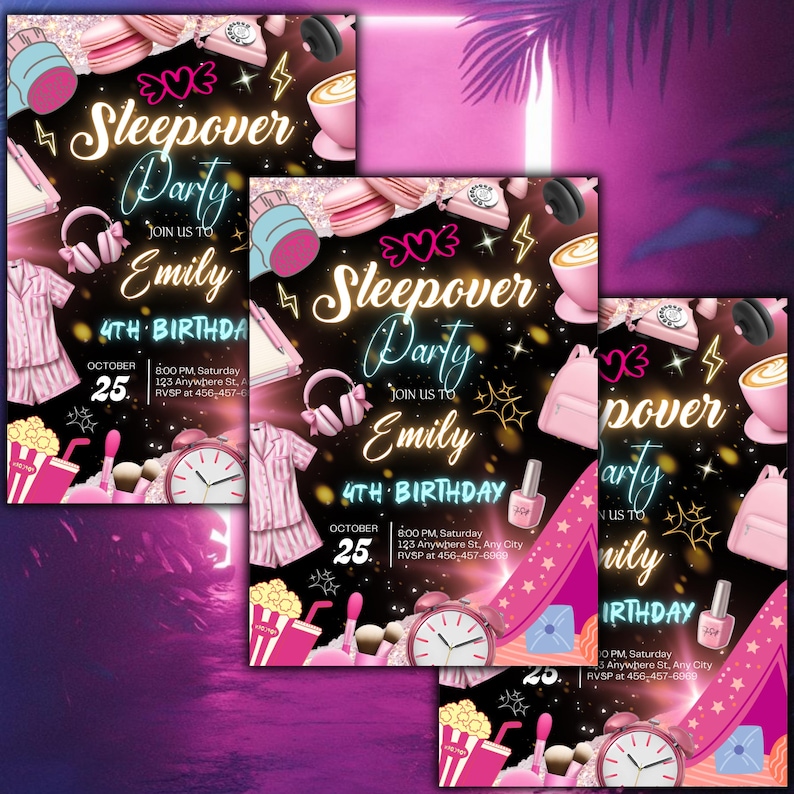 Sleepover Birthday Invitation, Neon Sleepover Invitation, Slumber Party, Canva Editable