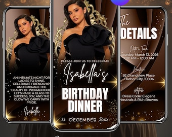 Convite digital para jantar de aniversário, convite para festa de aniversário, convite digital para festa de aniversário, festa de aniversário feminina, editável no Canva