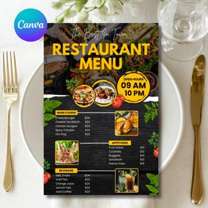 Puede incluir: Menú de restaurante con el texto "The Best In Town" y "Restaurant Menu". El menú incluye platos principales, aperitivos y bebidas. El horario de apertura es de 9:00 a 22:00. El menú está sobre un fondo negro con imágenes de comida.