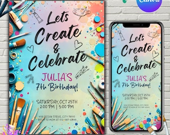 Art Birthday Party Invitation, Arts and Crafts Painting Party Invitation, Let's Paint and Celebrate, Art Party Invite, Canva Editable