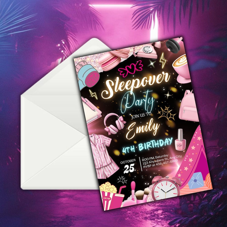 Sleepover Birthday Invitation, Neon Sleepover Invitation, Slumber Party, Canva Editable