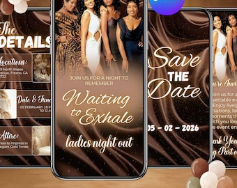 May include: Animated Evite design featuring a group of women in elegant attire. The design includes the text "Waiting to Exhale" and "ladies night out". The date is February 5, 2026. The Canva logo is visible.