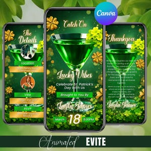 Op de afbeelding: Geanimeerd St. Patrick's Day evite-ontwerp met drie smartphoneschermen. Het centrale scherm toont "Lucky Vibes" en evenementdetails. Groene cocktails, klavers en gouden accenten creëren een feestelijke sfeer. De evite bevat de tekst "Vier St. Patrick's Day met ons".