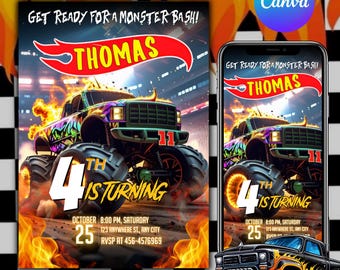 Monster Truck Birthday Invitation, Wheels Birthday Invitation, off-road wheels birthday invite, Canva Editable