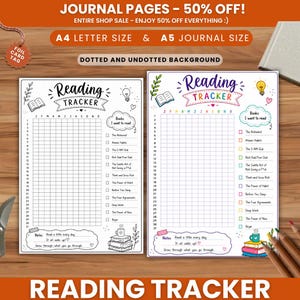 Könnte beinhalten: Zwei Lesetracker-Journalseiten, eine mit gepunktetem Hintergrund und die andere mit ungepunktetem Hintergrund. Jede Seite hat ein Lesetracker-Diagramm, eine Liste von Büchern und den Text "Reading Tracker".