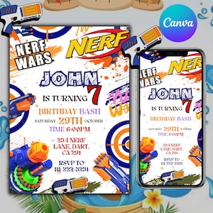 May include: A Nerf Wars birthday invitation featuring a blue and orange Nerf gun design. The invitation includes the text "John is turning 7" and details for the birthday bash on October 29th at 6:00 PM. A smartphone displays the same invitation.