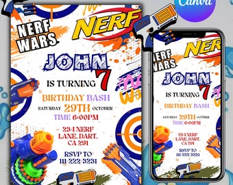 Kids Nerf Birthday Invitation Template, Birthday Nerf Party Invitations, Birthday Invitations, Kids Party Invite Template, Canva Editable