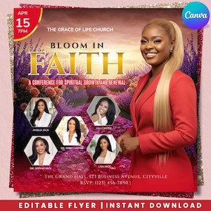 Puede incluir: Un folleto de evento rojo y dorado con el texto "Bloom in Faith" y "A Conference for Spiritual Growth and Renewal". El folleto incluye imágenes de oradores y detalles del evento. Para The Grace of Life Church.