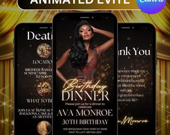 Animated Birthday Dinner Invite, Elegant Gold Birthday Dinner Invitation, Digital Birthday Party Invite, Glam party invite, Canva Editable