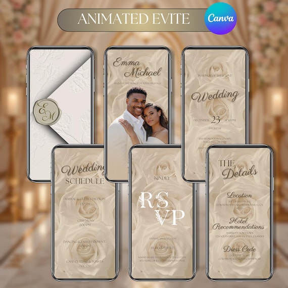 Elegant Digital Wedding Invitation, Animated Wedding Evite, Neutral Floral Editable Video Template Instant Download, Canva Editable