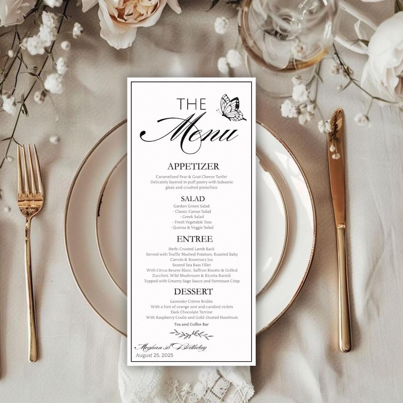 Dinner Food Menu Card TEMPLATE for Birthday or Wedding, Elegant ...
