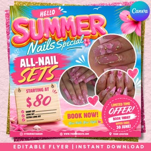 Rea-flyer för sommarnaglar, rea-flyer för sommarrea, rea-flyer för nageltekniker, erbjudande om nageldeal, bokningsflyer för naglar, redigerbar reklamflyer för nageltider i Canva