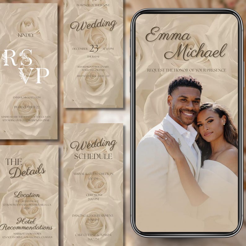 Elegant Digital Wedding Invitation, Animated Wedding Evite, Neutral Floral Editable Video Template Instant Download, Canva Editable