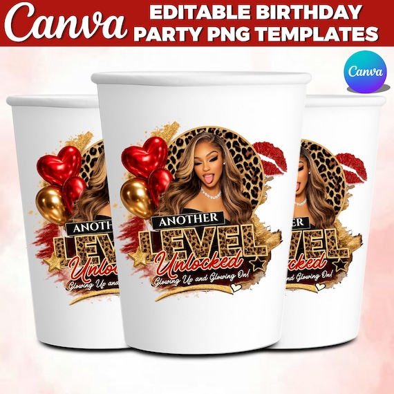 Cheetah Print Birthday PNG Template: Wild Party Design Red Cheetah Birthday Sticker, Styrofoam Cup Sticker, Shot Glass, All Zodiac Signs