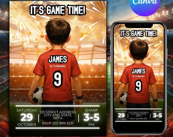 Soccer Birthday Invitation, Sports Party, Soccer Theme, Birthday Party Invitations, Let's Kick it Soccer Invitation, Canva Editable