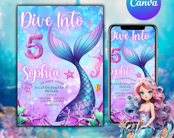 Inbjudan till sjöjungfru med 5-års födelsedag, rosa flicka med 5-års födelsedag, sjöjungfrusvansinbjudan med glitter, redigerbar Canvas