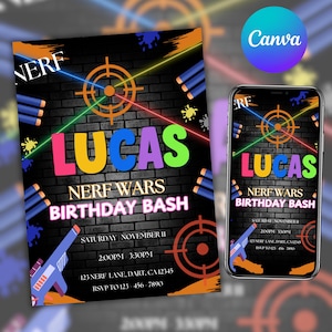 May include: A Nerf-themed birthday party invitation featuring the name "Lucas" in colorful letters. The design includes a target, toy dart guns, and the text "Nerf Wars Birthday Bash." The invitation is displayed on a smartphone and a printed card.