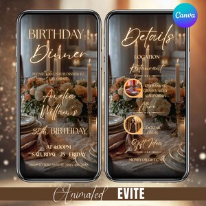 May include: Animated Evite for a birthday dinner. The design features two smartphone screens. The left screen displays event details, including the name "Amelia Willam's" and the date. The right screen shows the location and attire.