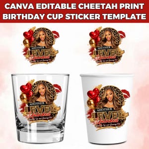 Cheetah Print Birthday PNG Template: Wild Party Design Red Cheetah Birthday Sticker, Styrofoam Cup Sticker, Shot Glass, All Zodiac Signs