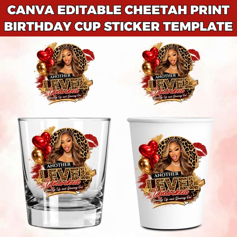 Cheetah Print Birthday PNG Template: Wild Party Design Red Cheetah Birthday Sticker, Styrofoam Cup Sticker, Shot Glass, All Zodiac Signs