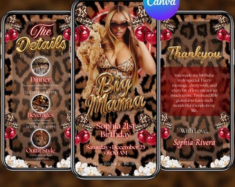 Big Mama Cheetah Print Cherry Girls Night Birthday Invite, Editable Cheetah Print Birthday Evite, Dinner & Drinks Glam Party, Canva Editable