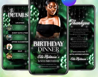 Green Gold Birthday Dinner Invitation, Animated Evite, Canva Editable