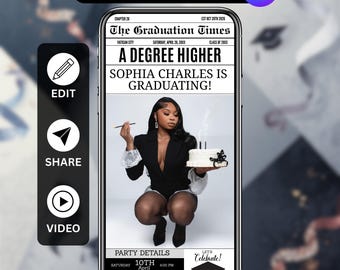 Digital Save the Date Graduation Newspaper Flyer, Graduation Party Newspaper Announcement, Graduation Invitation, Canva editable
