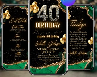 40TH Green Gold Birthday Evite Animated, 40Th Birthday Invite, Evite Neon Glittery Text Birthday Digital Mobile Phone Evite, Canva Editable