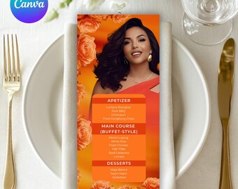 Birthday Menu Template Orange, Floral Printable Birthday Dinner Party Menu, Birthday Table Menu Card, Birthday Menu Floral, Canva Editable