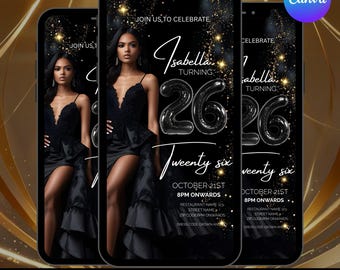 Luxury Gold Birthday Dinner Evite, Elegant Women's Digital Invitation, Animated Birthday Dinner Text Evite, Editable Birthday Party Evite