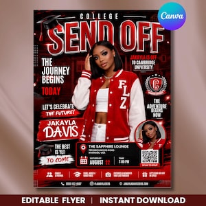 May include: A college send-off event flyer featuring a person in a red and white varsity jacket. Text includes COLLEGE SEND OFF, THE JOURNEY BEGINS TODAY, JAKAYLA DAVIS, JAKAYLA IS OFF TO CAMBRIDGE UNIVERSITY, THE SAPPHIRE LOUNGE, AUGUST 22, 7:00 PM.
