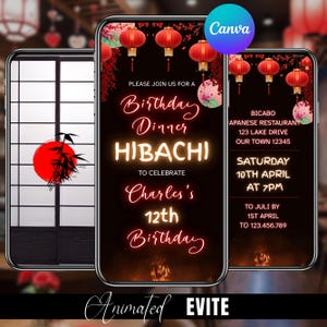 May include: Animated Evite for a Hibachi birthday dinner. The design features a black background with red lanterns, cherry blossoms, and the text "Birthday Dinner Hibachi" in glowing neon. The invitation is for Charles's 12th birthday.