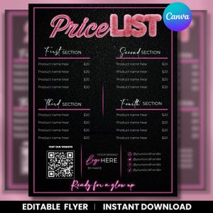 Beauty Price List Template, Salon Service Menu for Lash Nail Hair Stylist, Braiders, Wig, Makeup Printable Pricing Guide Canva Editable