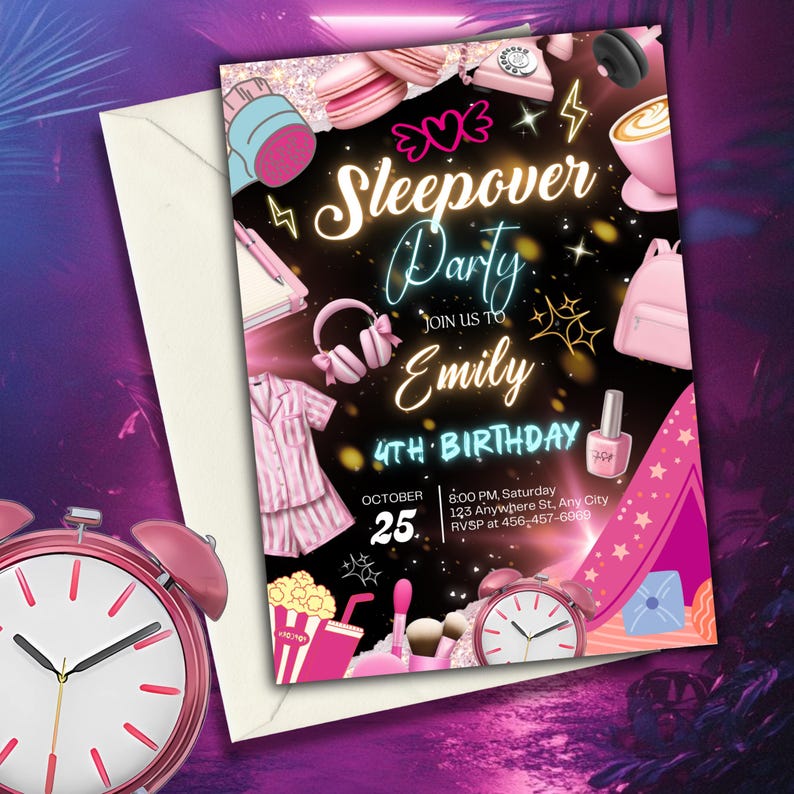 Sleepover Birthday Invitation, Neon Sleepover Invitation, Slumber Party, Canva Editable