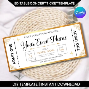 Może przedstawiać: Biały szablon biletu na koncert ze złotymi akcentami i tekstem "Your Event Name". Bilet zawiera szczegóły dotyczące miejsca, daty i godziny. Projekt zawiera ozdobne zdobienia i słowa "Admit One."