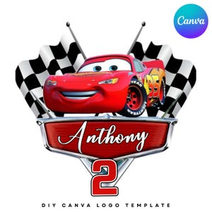 May include: A red race car graphic with the number 95 on the side, positioned above a red shield emblem featuring the name Anthony in white script and the number 2 in red. Two black and white checkered flags are crossed behind the car graphic.