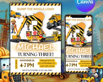 Construction Birthday Invitation, 3rd Birthday Invite, Dump Truck Party, Construction Invitation, Canva Editable