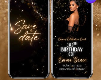 Save the Date Gold and Black Animated Video Evite, Save the Date Birthday Invitation, Birthday Evite, Party Evite with Photo, Canva Editable