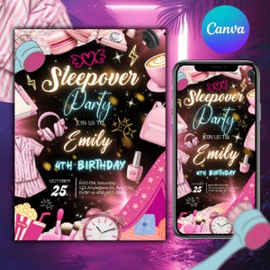 Sleepover Birthday Invitation, Neon Sleepover Invitation, Slumber Party, Canva Editable